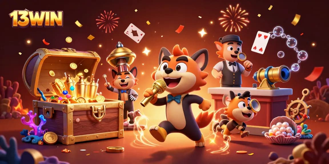 Engage with 13WIN's vibrant comedy casino scene featuring hyenas in a lively interactive environment.