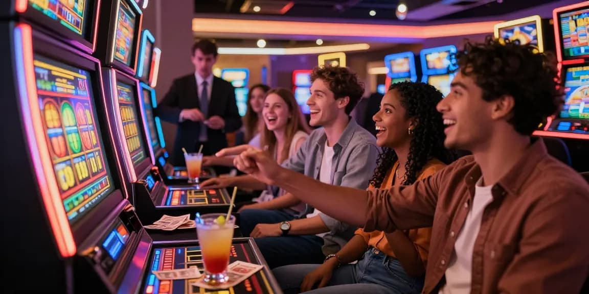 Friends celebrating at a lively casino with situs slot terpercaya slot machine, vibrant atmosphere, and cocktails.