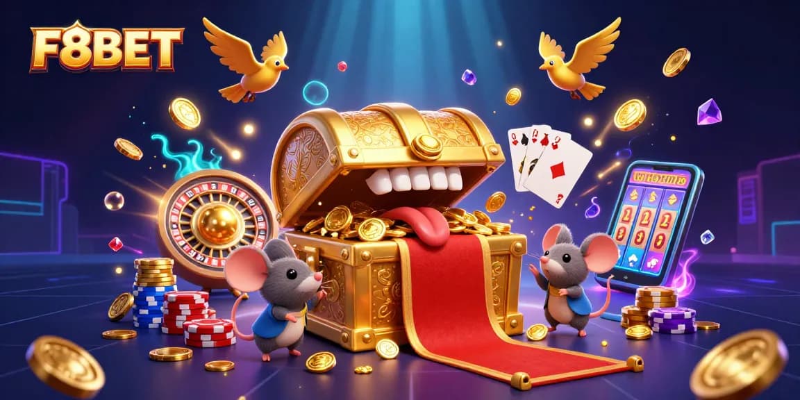 Experience F8BET's thrilling casino world with golden treasures and vibrant games.