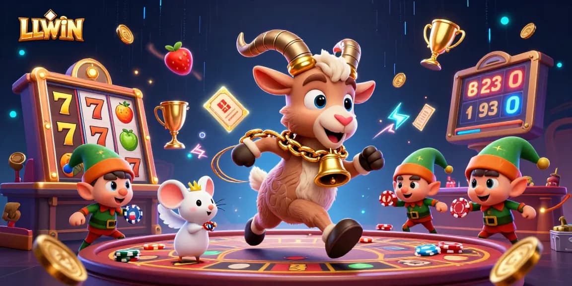 LLWIN promotes engaging gameplay with characters stealing chips in a festive casino scene.