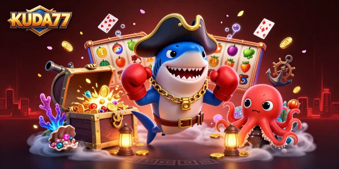 KuDA77 menampilkan karakter unik dalam ilustrasi slot yang seru dengan jackpot dan harta karun.