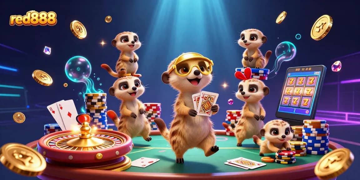 Engage with the vibrant red888 casino, showcasing meerkats in action amidst cascading coins and games.