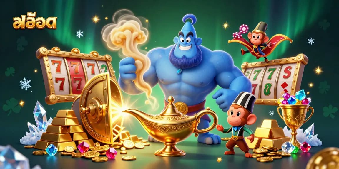 Win big with สล็อต in this vibrant illustration showcasing a magical casino scene filled with treasures.