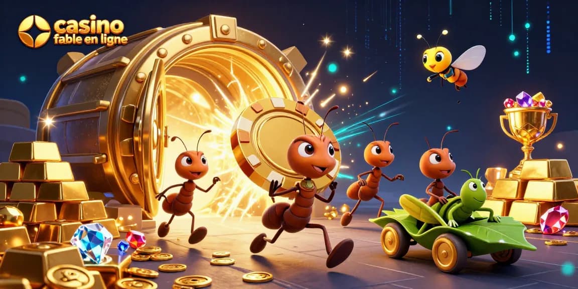 Célébrez l'excitation des jeux avec "casino fiable en ligne", avec une équipe de fourmis en plein vol, la lumière dorée illuminant leurs pas volants.