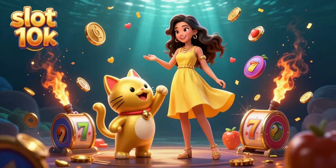 Engage with the vibrant slot 10k scene featuring joyful characters and dynamic slot game elements.