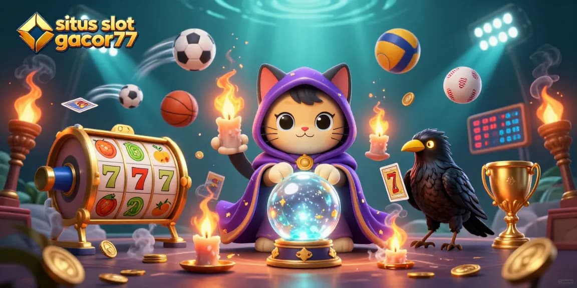 Situs slot gacor77 showcases a vibrant 3D scene with a mystic cat, raven, and slot reels.