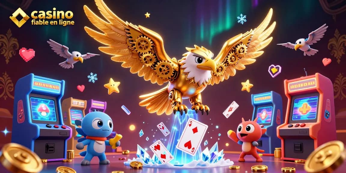 Profitez de l'expérience intense d'un casino fiable en ligne avec un aigle cyborg survolant des cartes holographiques.