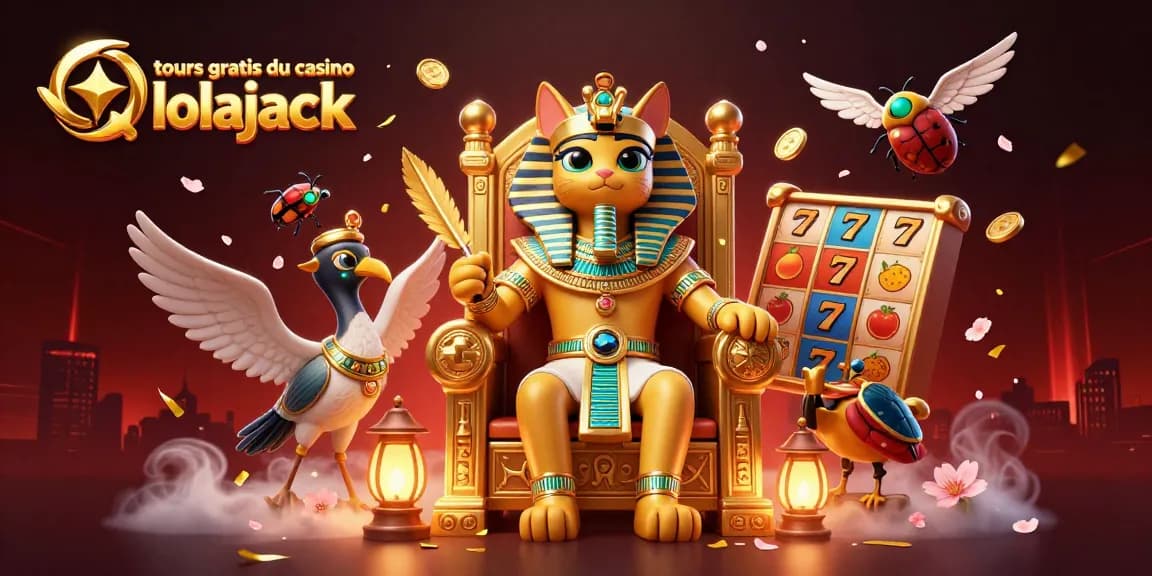 Experience tours gratuits du casino lolajack with exciting slot reels and a pharaoh cat in a vibrant illustration.