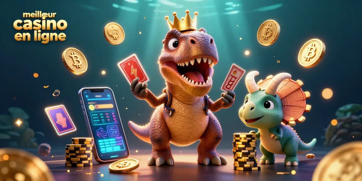 Illustration dynamique mettant en scène le meilleur casino en ligne avec un T-Rex jouant aux cartes, une péliclose aidante, et un bébé tricératops empilant des jetons en or.