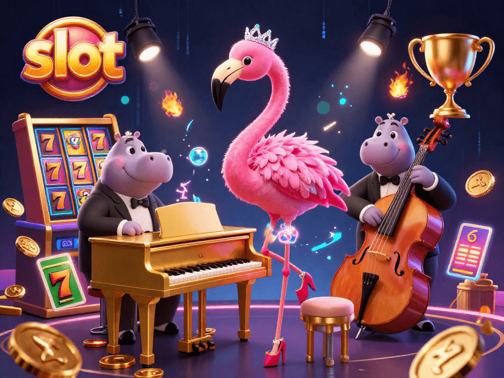 Experience thrilling slot action with dynamic casino elements and cartoon characters in a vibrant digital illustration.