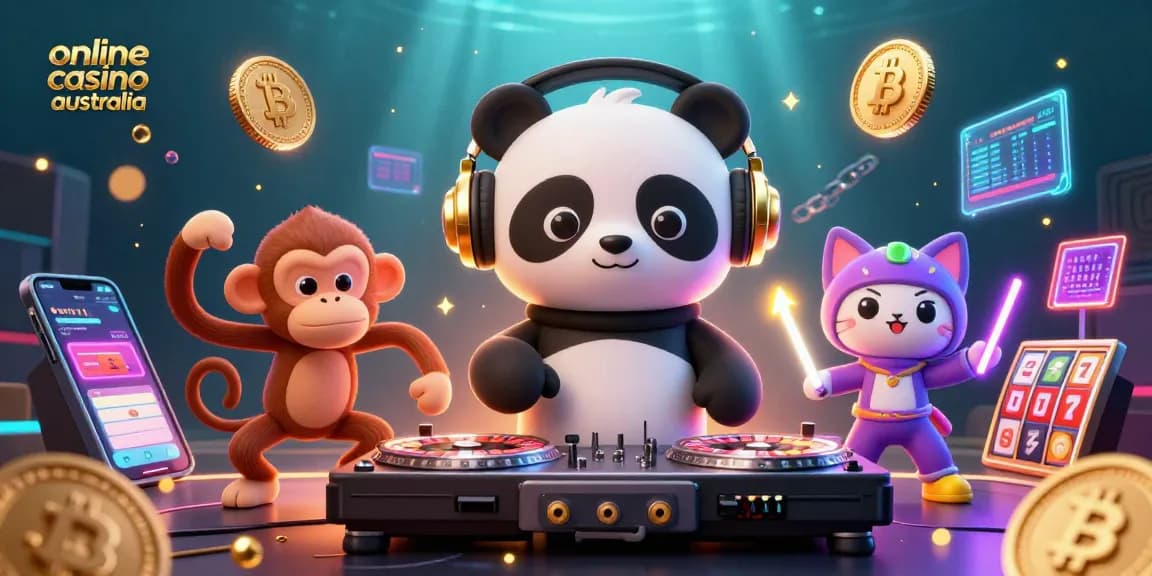 Experience the excitement of online casino Australia with a vibrant 3D illustration featuring a DJ panda and more.