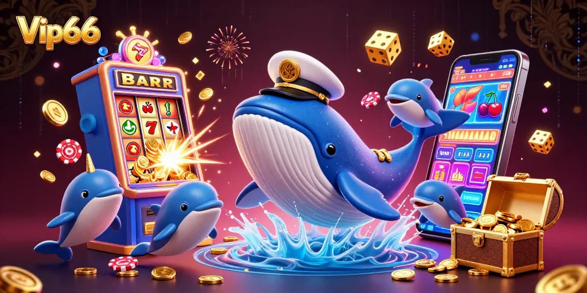 Experience thrilling gameplay at Vip66 with a lively 3D scene of casino fun, including a whale, narwhal, and dolphins.
