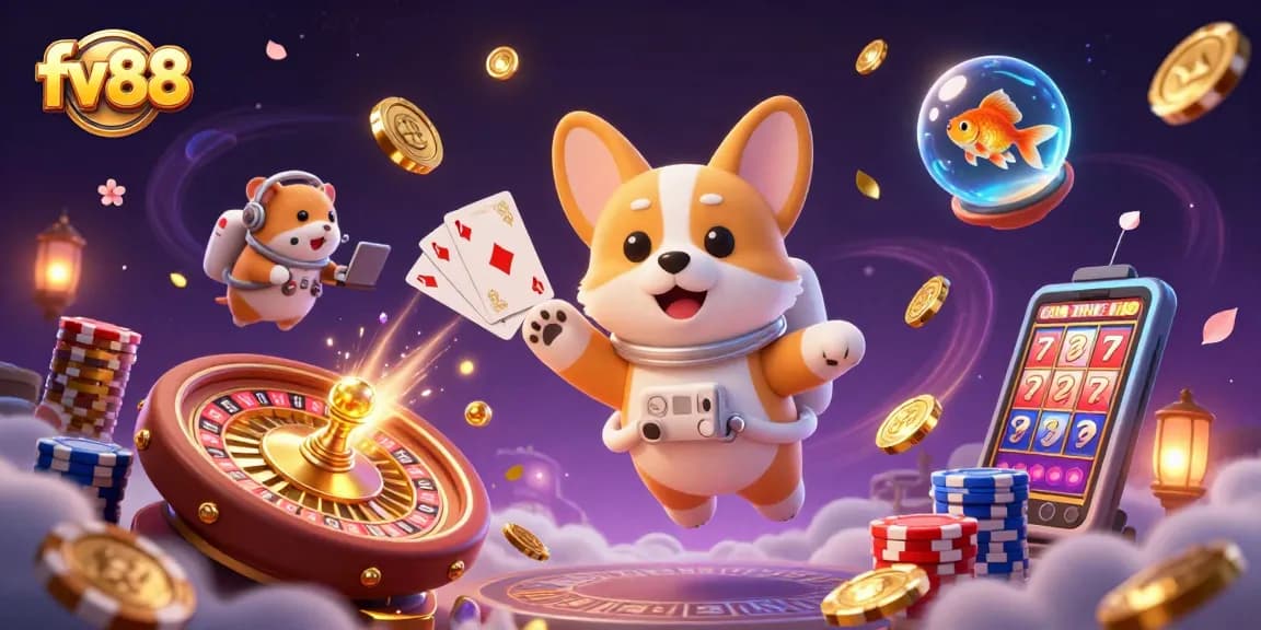 Win big at fv88 with a floating corgi, golden coins, and exciting casino games