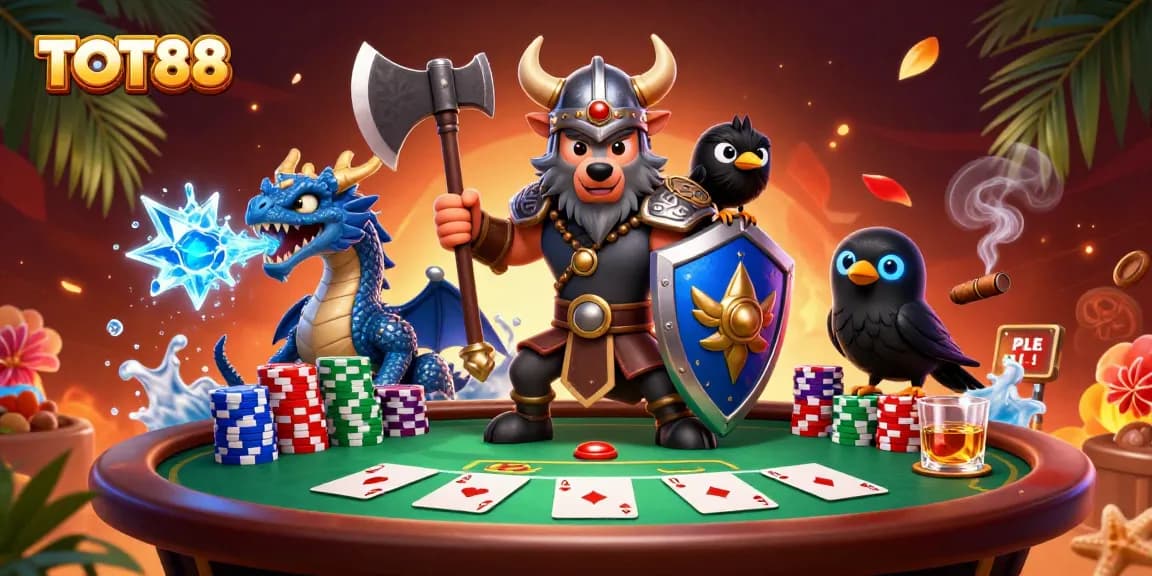 Experience the thrilling gaming atmosphere of TOT88 with Viking warriors and dynamic poker elements.