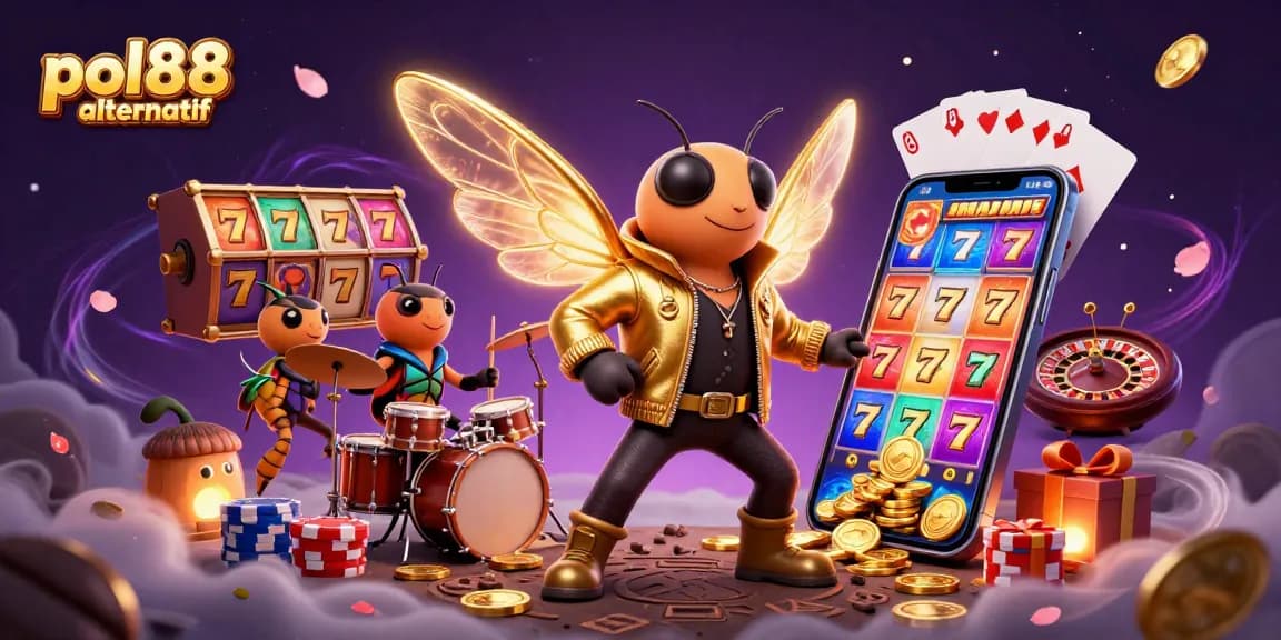 Kolaborasi unik pol88 alternatif dengan karakter kasino dan slot yang meriah dalam ilustrasi 3D.