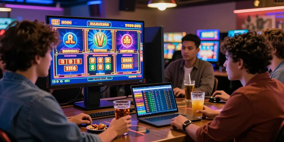 Engaging online gambling scene with friends enjoying link gacor slot games on a modern setup.