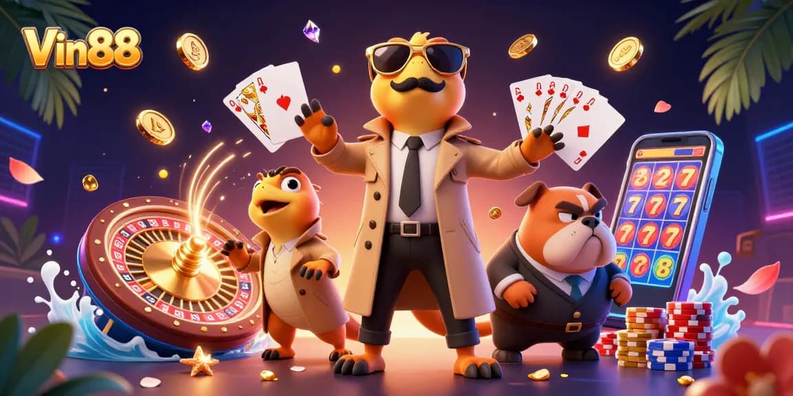 Experience thrilling gaming moments with Vin88's dynamic casino characters and vibrant illustrations.