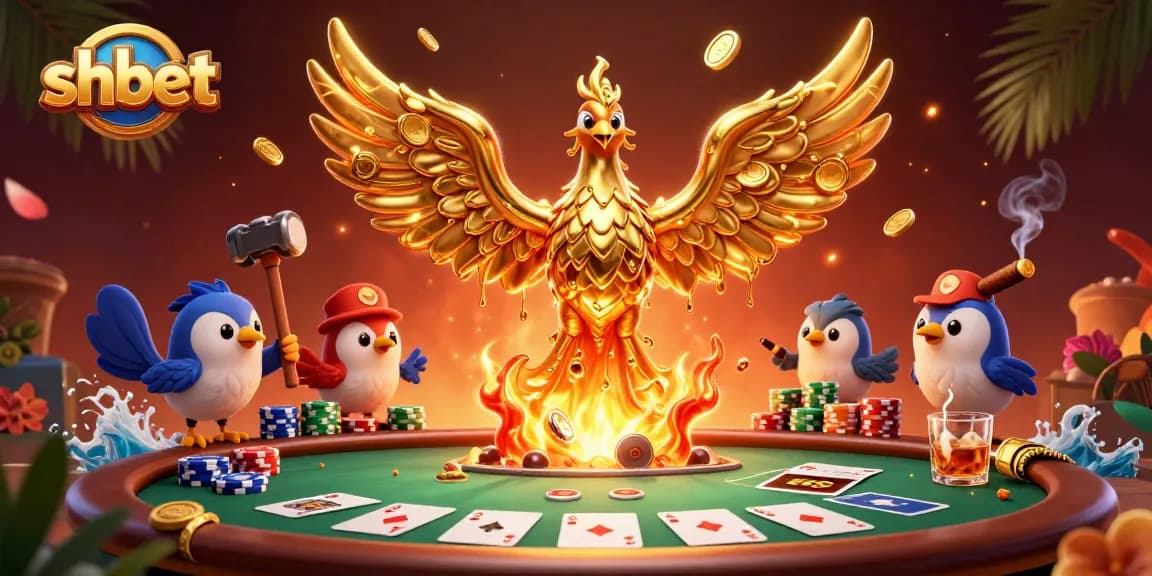 shbet showcases a captivating scene with a molten golden phoenix amidst poker elements and vibrant casino visuals.
