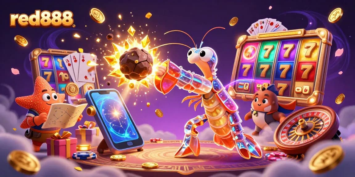 Engage with red888 as a cartoon mantis shrimp unleashes treasures in a vibrant casino scene.