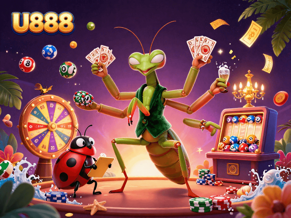 U888 casino illustration with colorful elements representing lottery excitement and vibrant gaming atmosphere.