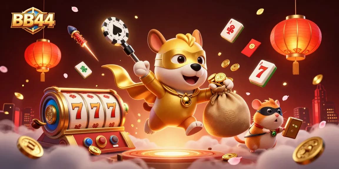 Experience thrilling gameplay at BB44 with vibrant slot reels, gold coins, and lively characters.