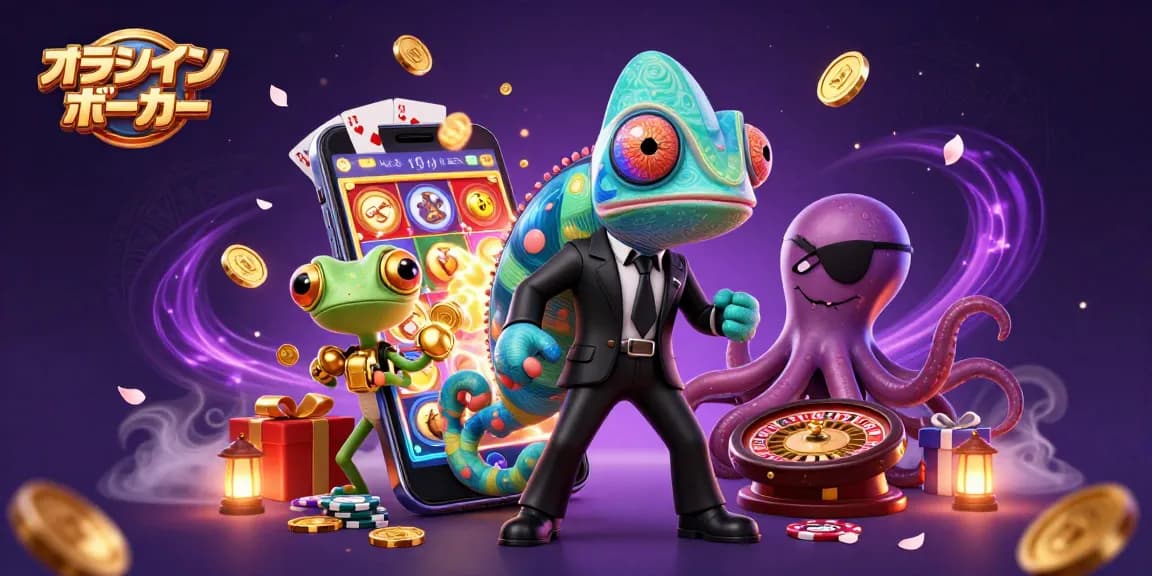 オンラインカジノ ポーカーで遊ぶカラフルなスロットゲームとキャラクターたちの魅力的なシーン