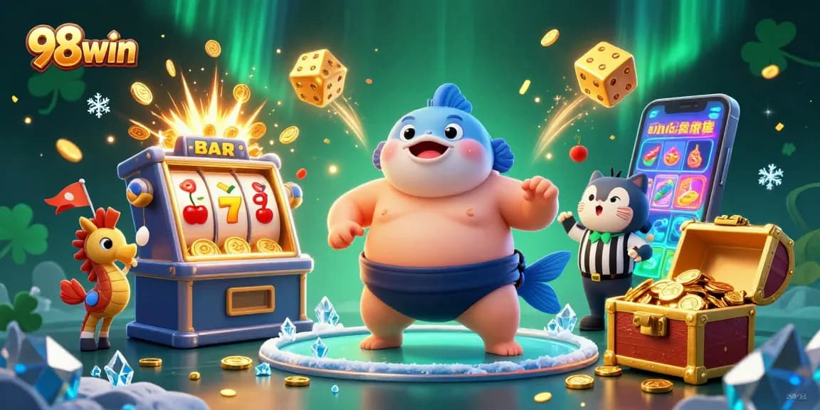 Win big with 98win at this exciting underwater casino scene featuring characters and vivid game elements.