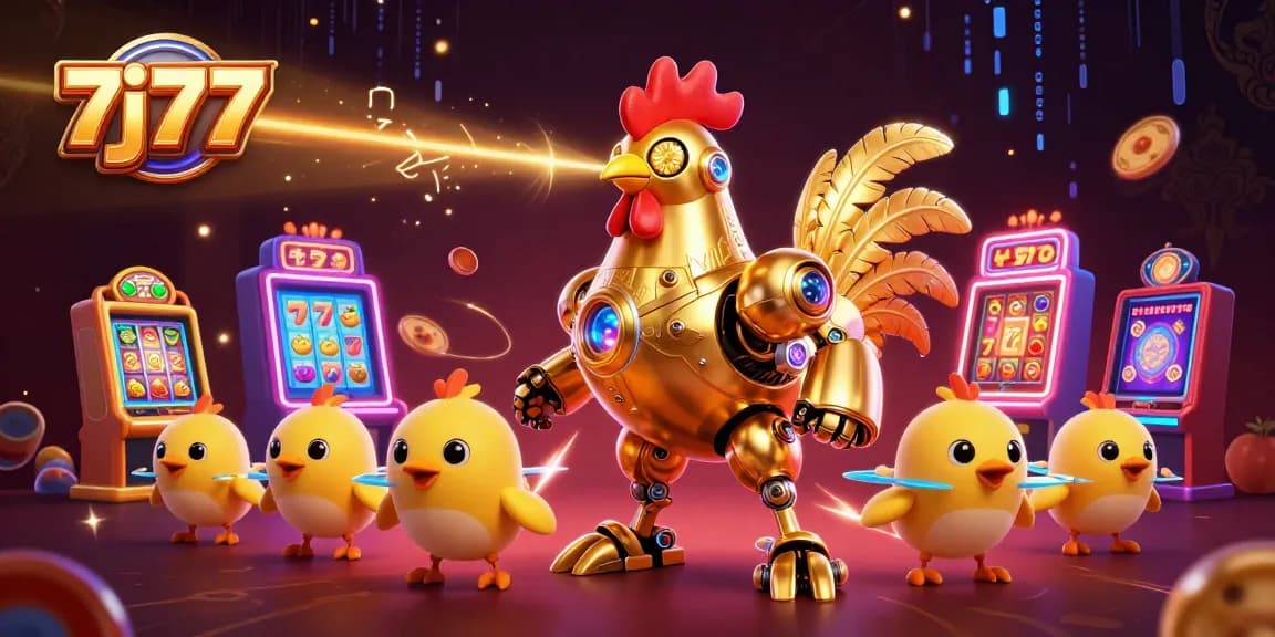 Play slots like 7j77 with a golden rooster robot and dynamic gaming elements in this vibrant illustration.