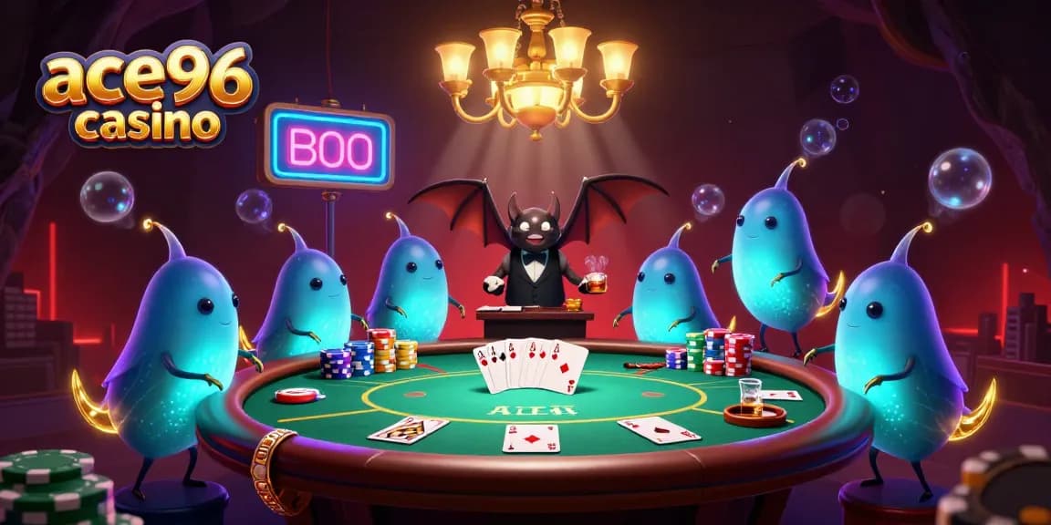 Engage in thrilling games at ace96 casino with vibrant glowworms and an upside-down bat dealer.