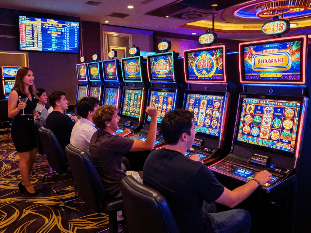 Slot88 gaming scene with players celebrating at vibrant casino machines.