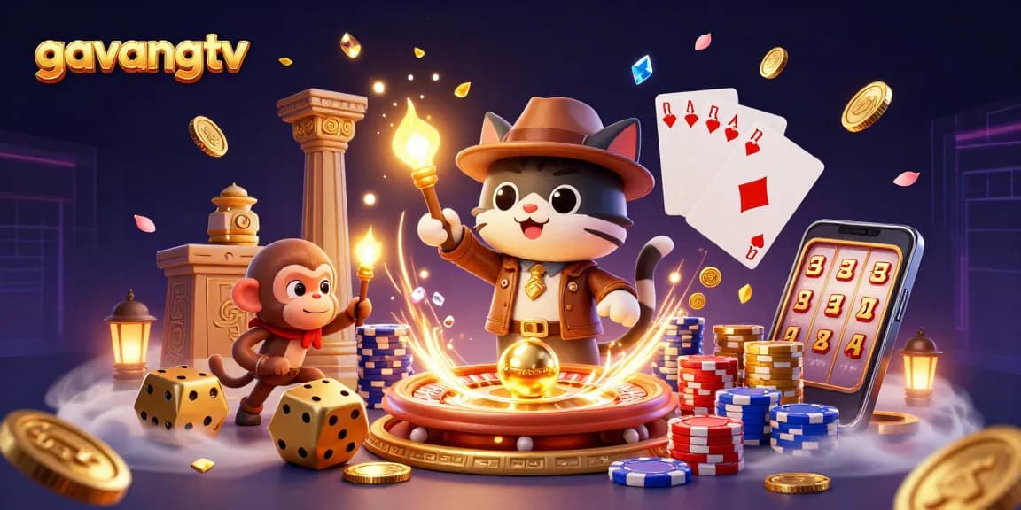 Experience thrilling gameplay dynamics with GAVANGTV, showcasing sparkling gems and golden casino artifacts amidst adventurers.