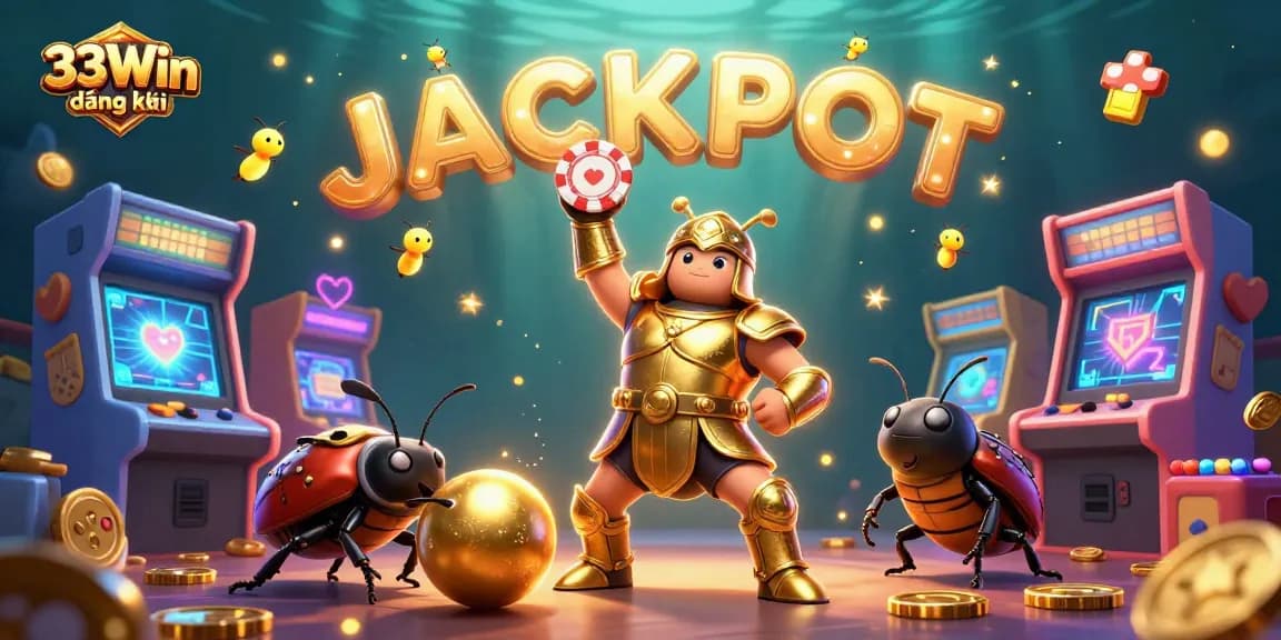 Engaging illustration of a hercules beetle celebrating 33Win đăng ký with vibrant casino elements.