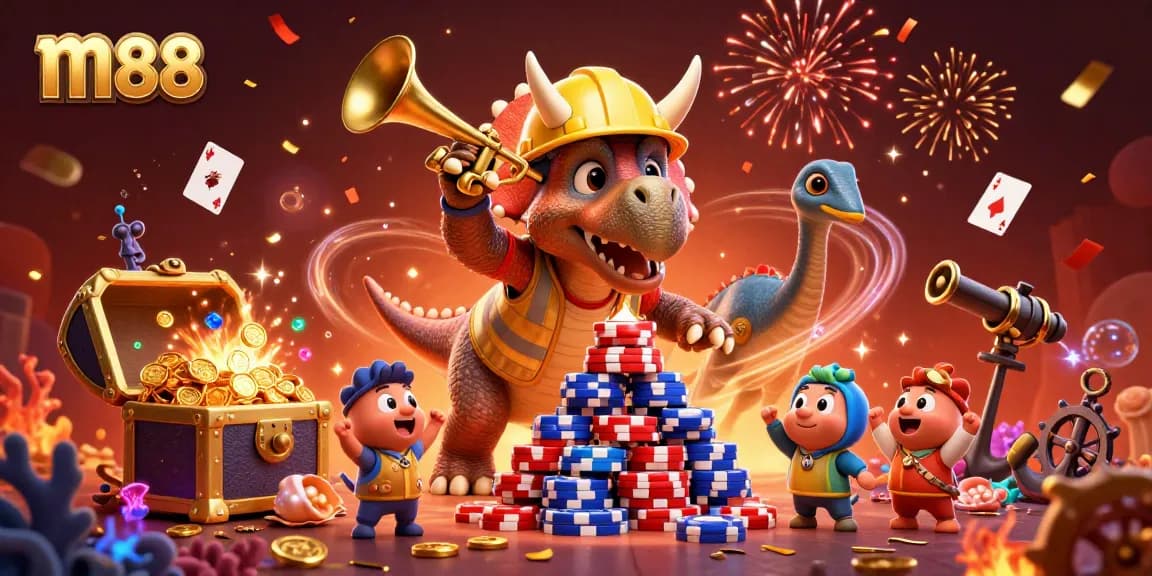m88 themed illustration featuring a triceratops and parasaurolophus celebrating a casino victory.