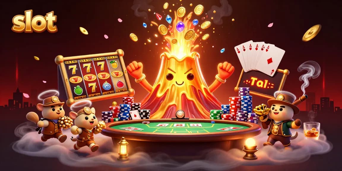 Analyze slot games with thrilling golden volcano erupting coins and treasure amidst vibrant casino elements.