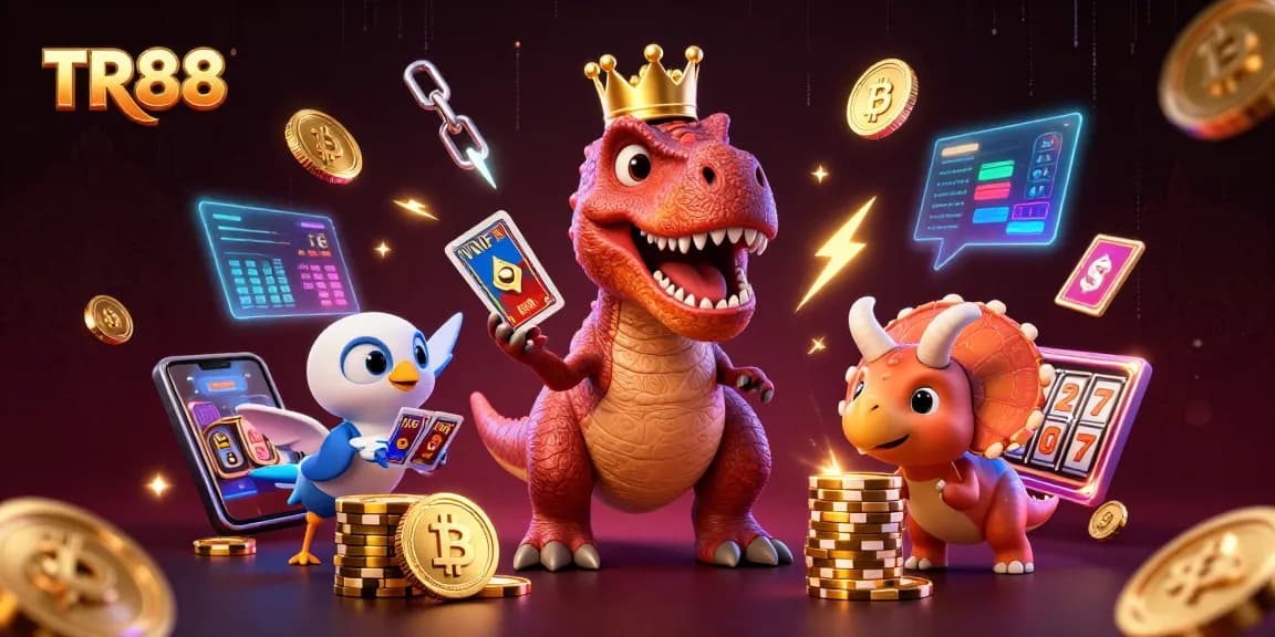 Experience TR88's exciting gaming atmosphere with a T-Rex shuffling cards and stacking chips.
