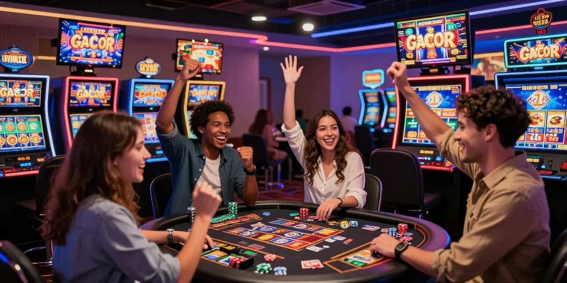 Players celebrating a win at a dynamic slot gacor gaming event with colorful casino ambiance.