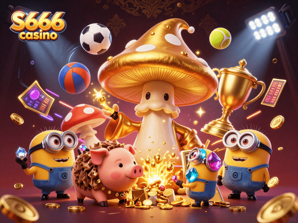 S666 casino showcases an enchanting wizard transforming treasures amidst vivid sports elements, with a truffle pig and gems.
