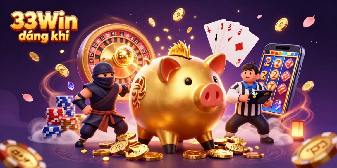 Engage with dynamic gambling action featuring 33Win đăng ký with a golden piggy bank wrestling sumo, coins flying around, and a credit-card samurai.