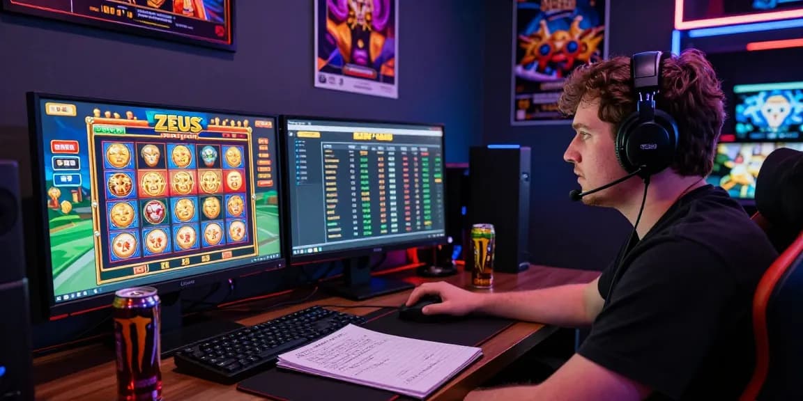 Player enjoying zeus slot game on dual monitors in a vibrant gaming room, showcasing live RTP statistics and gaming strategy notes.