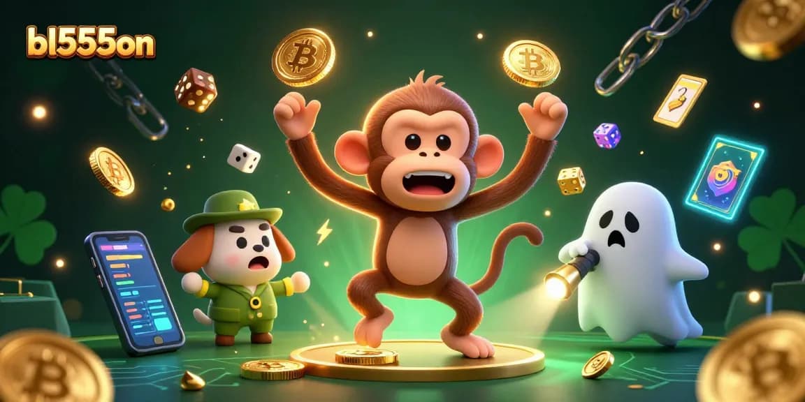 Experience thrilling gaming at bl555on with a ghostly monkey juggling crypto coins in a haunted casino.