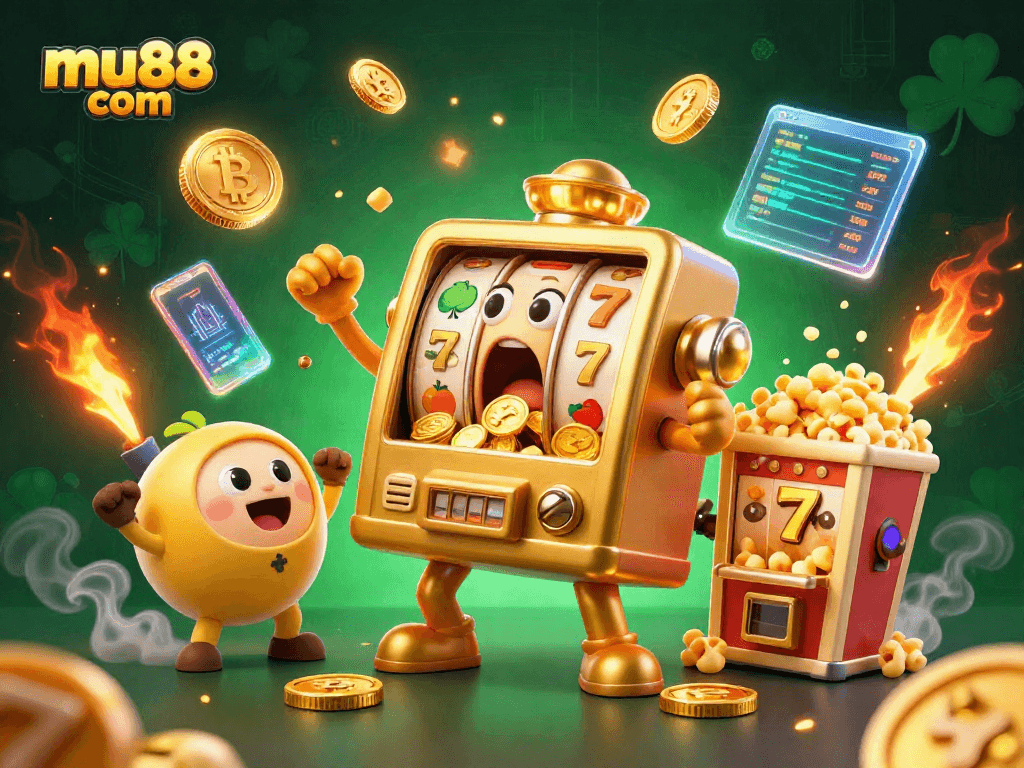 Spin the reels with mu88 com's exciting golden slot machine jackpot and cheering characters!