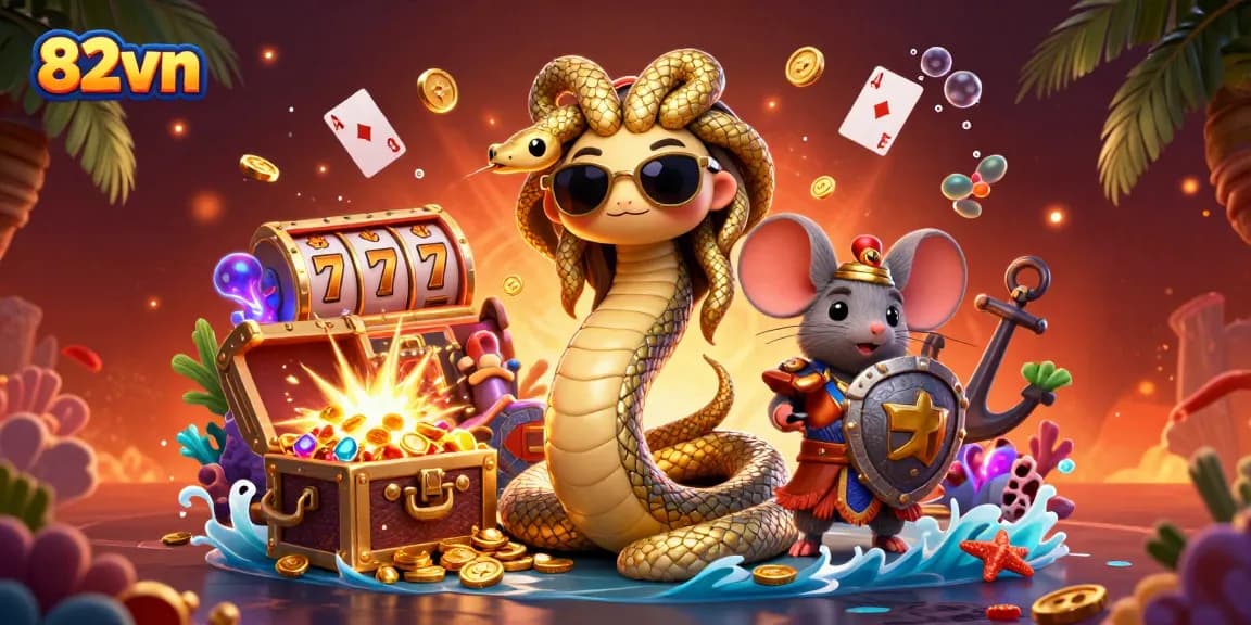 Engage with 82vn's vibrant casino scene featuring Medusa and treasures amidst slots and playing cards.