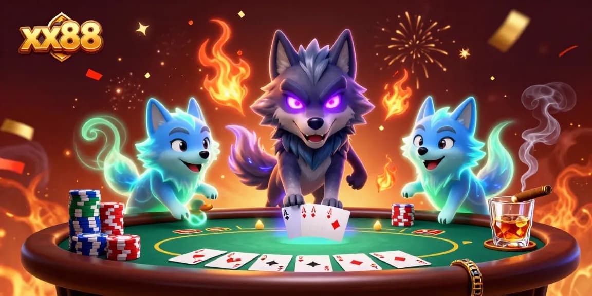 Experience thrilling poker gameplay at xx88 with shadow wolf characters and vibrant casino elements.