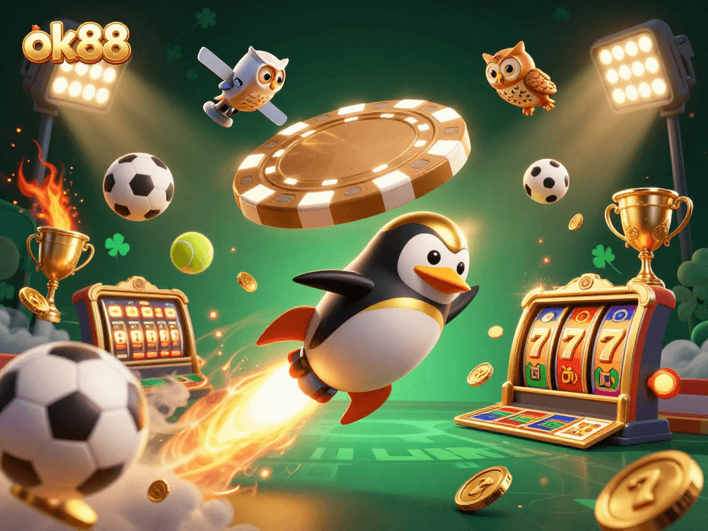 Experience thrilling sports action with ok88, featuring animated gambling elements and dynamic characters.