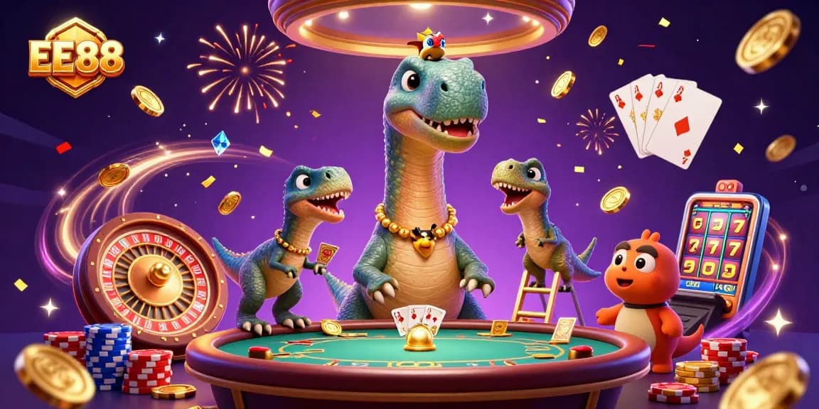 Engage with EE88's vibrant gaming experience while a 3D brontosaurus watches over a poker table.