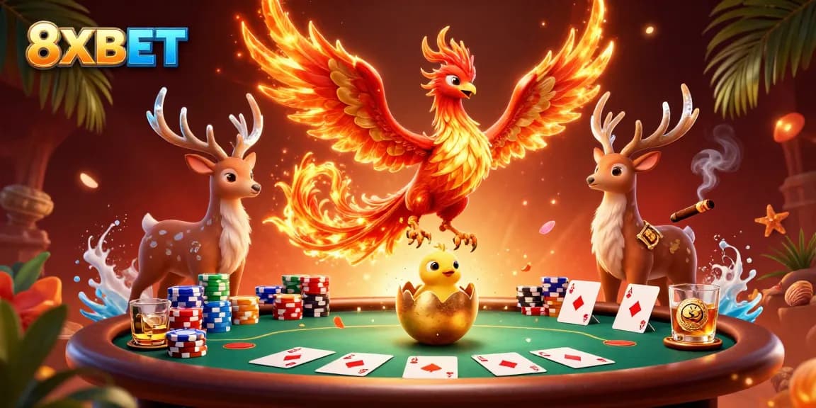 Experience thrilling gameplay at 8XBET featuring a phoenix and mystical stag in a vibrant casino setting.