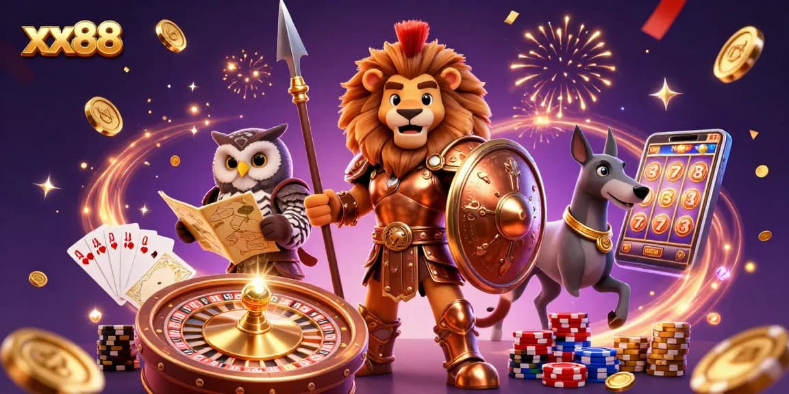 Experience the thrill of xx88 with a vibrant 3D illustration showcasing a heroic lion and strategic owl amidst dazzling casino action.