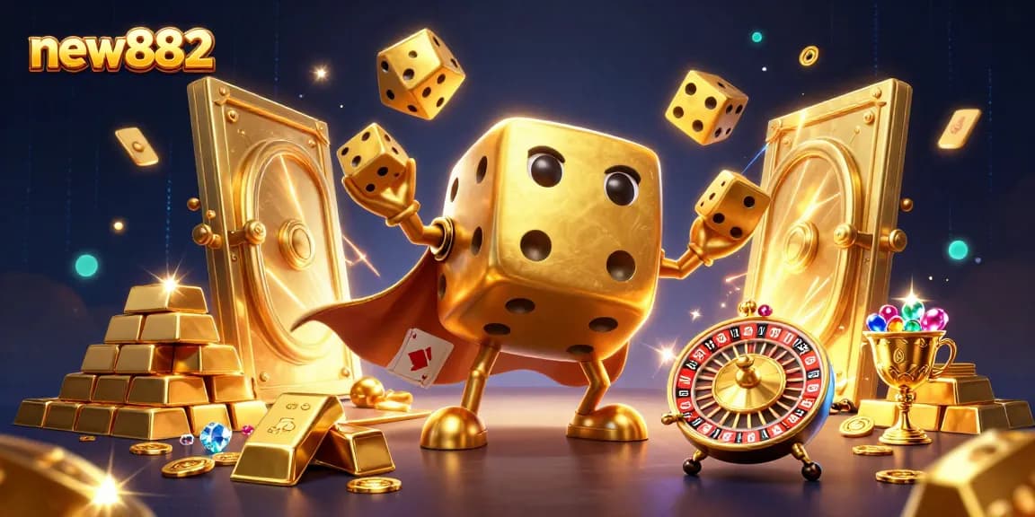 new882 players enjoying thrilling slots with golden dice golem and treasure effects