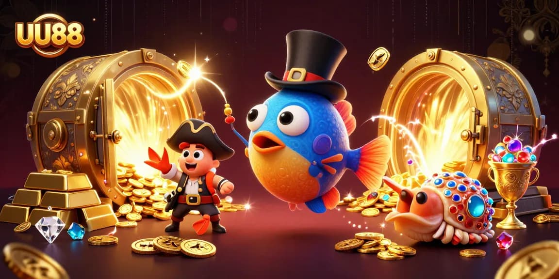 Join the fun at UU88 with a vibrant deep-sea anglerfish and pirate shrimp capturing golden coins!