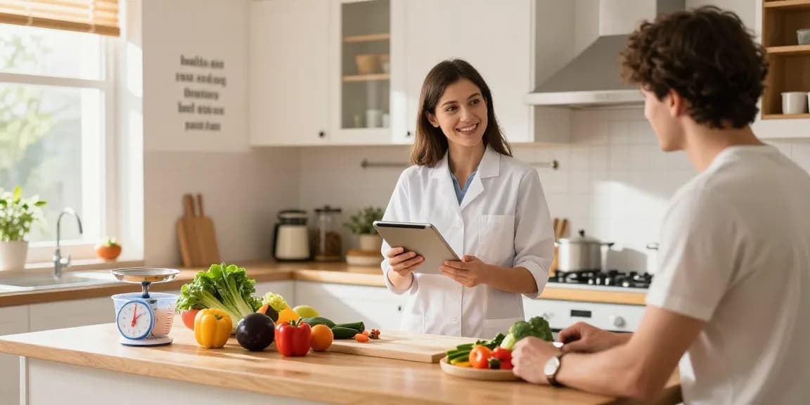 The best nutrition app helps users learn meal prep techniques in a vibrant kitchen.